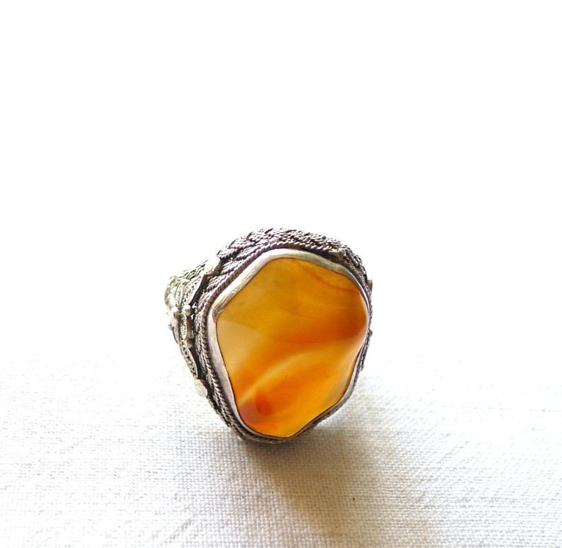 OLD CHINESE RING FILIGREE SILVER HARD STONE CHINA EXPORT VINTAGE CHINA