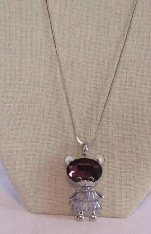 Burgundy Glass, Multi Gemstone Doll Charm Pendant 20″-30″ in Silvertone 7.00 ctw