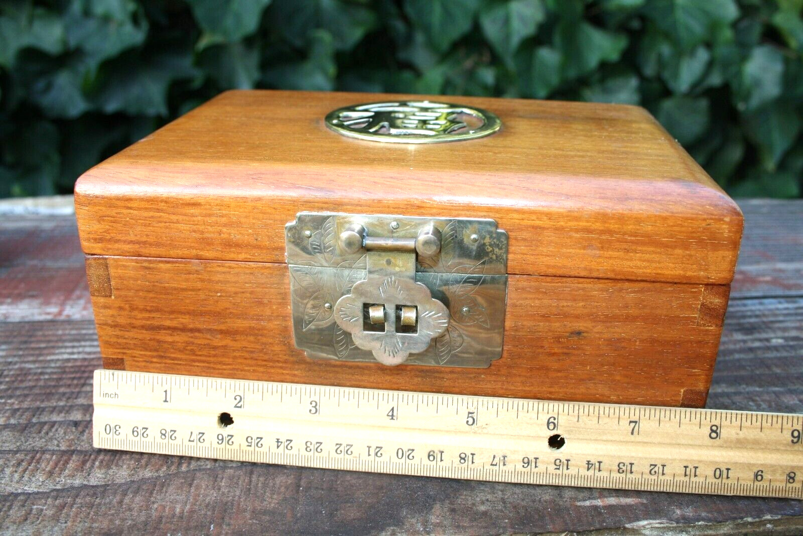 Vintage Chinese Wood & Brass Jewelry Box with Gold Silk Lining Dovetailed