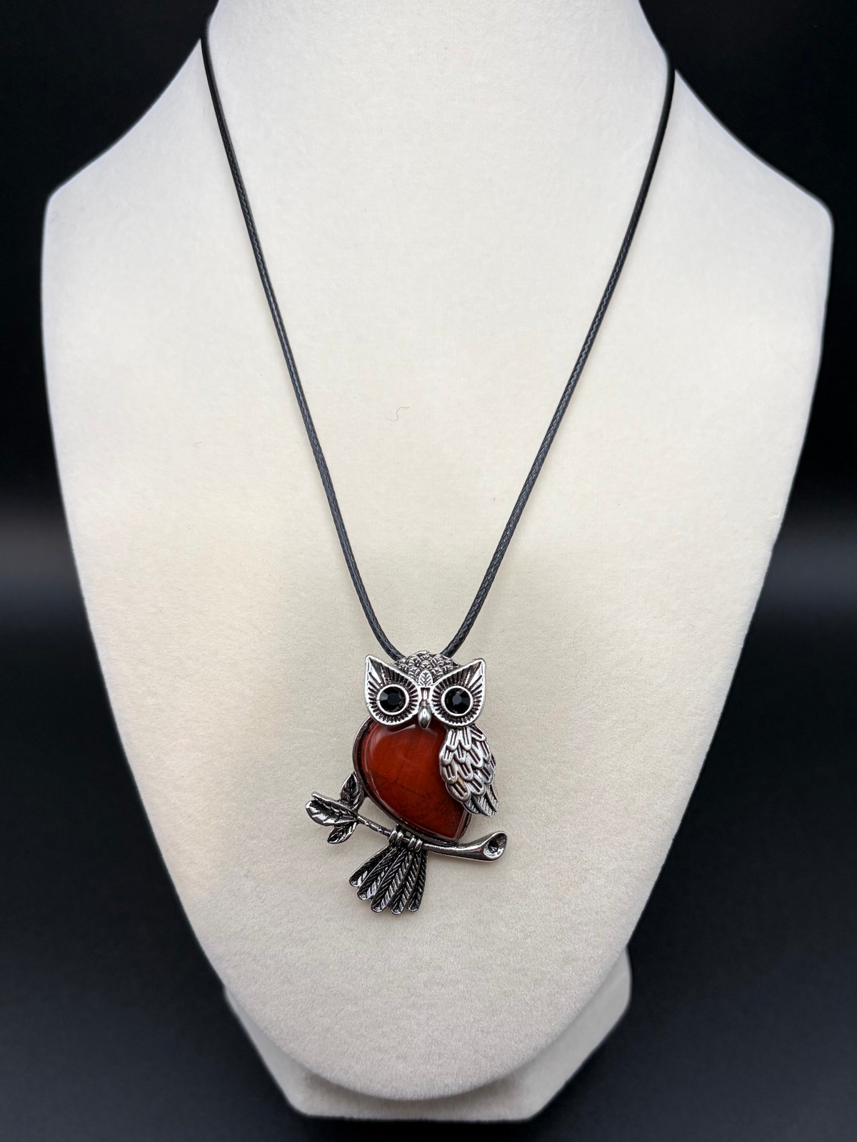 Natural Red Jasper Owl Pendant Necklace 21″ Waxed Cord Chakra Healing Stone NEW