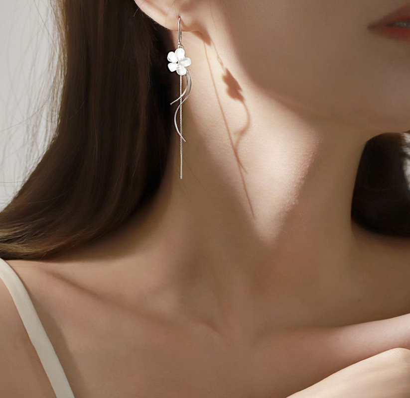 Silver Plated Flower Dangle Drop Pull Through Tassel Threader Earrings PE48