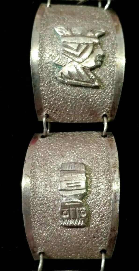 Vintage South American Silver Panel Bracelet 6 Panels ethnic symbols