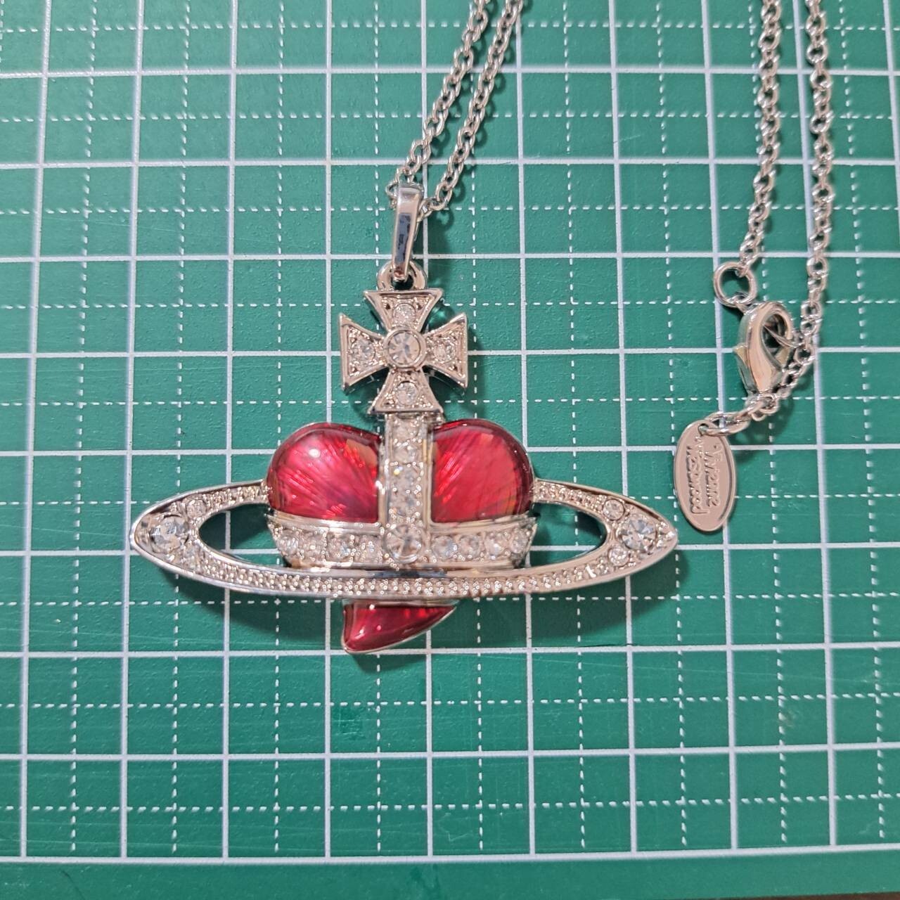 Diamante Heart Orb Large Necklace Silver Red with drawstring