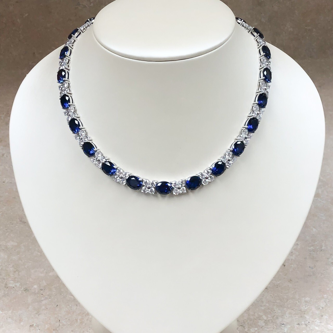 30 CTW Lab-Created Oval Blue Sapphire & Diamond Tennis Women Wedding Necklace