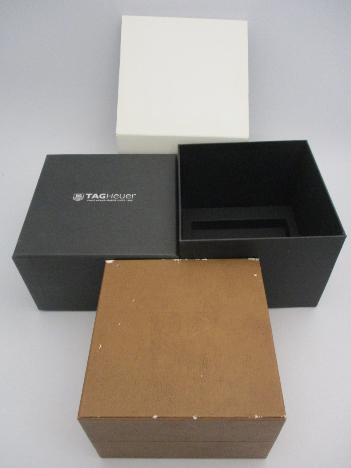 HEUER Brown Watch Chest Box Pillow Set, Black Outer Cartons & White Outer Sleeve
