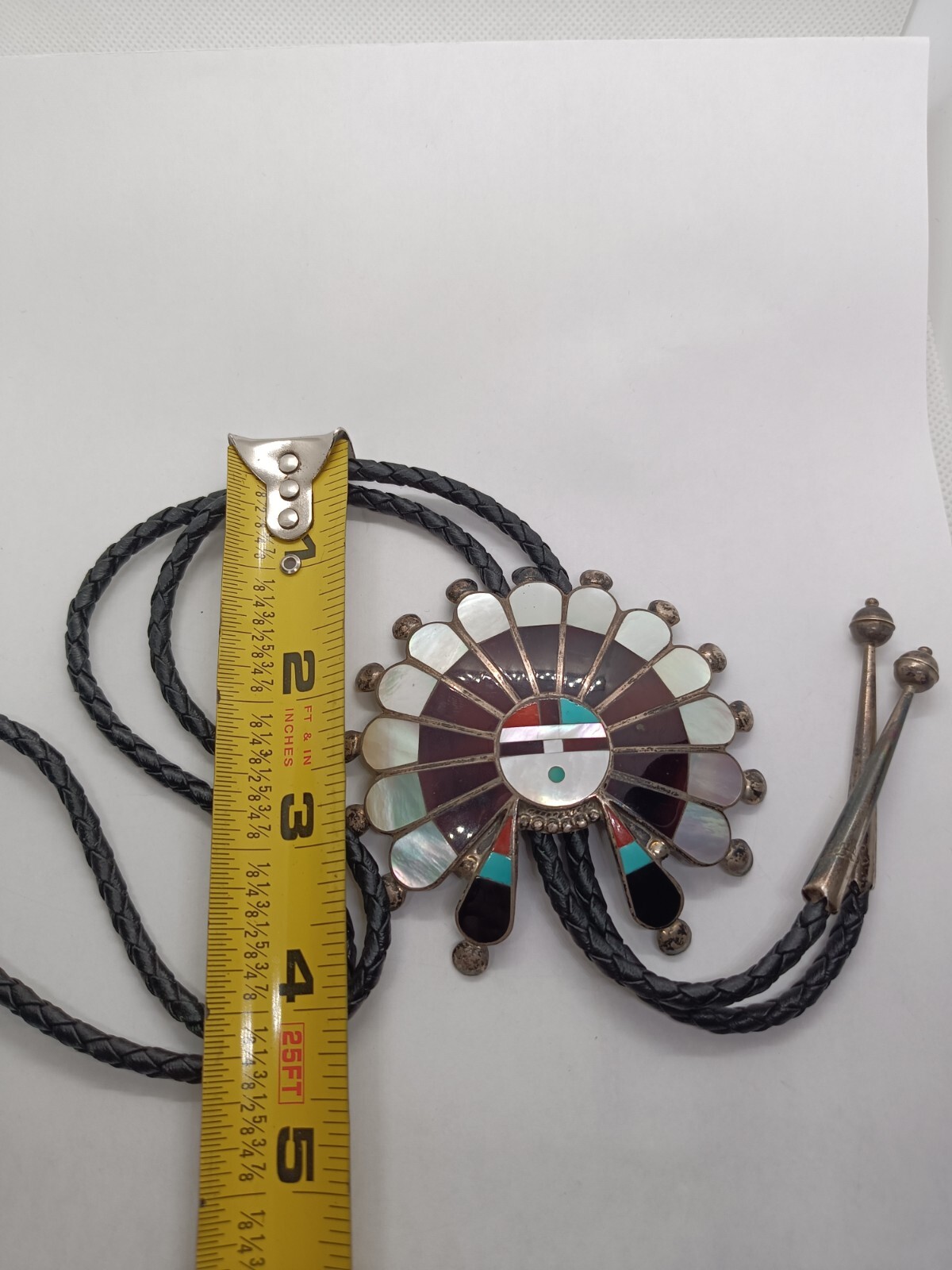 Sterling Silver Zuni Headdress Bolo Tie Signed By Designer