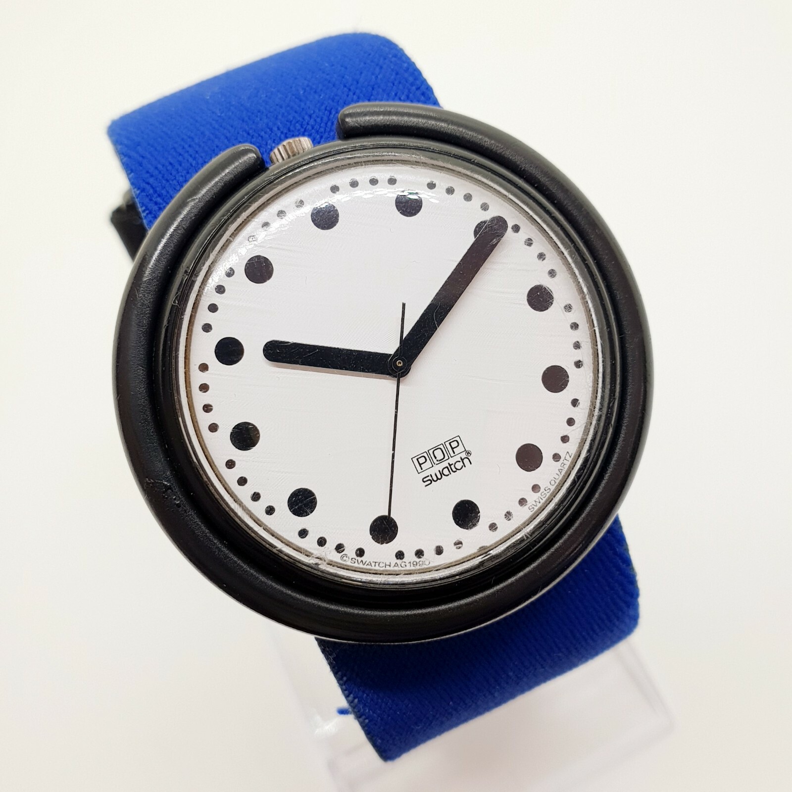 1990 Rare Pop Swatch Watch Black Dots Seconds Hand no Lume Blue Pop Strap 90s