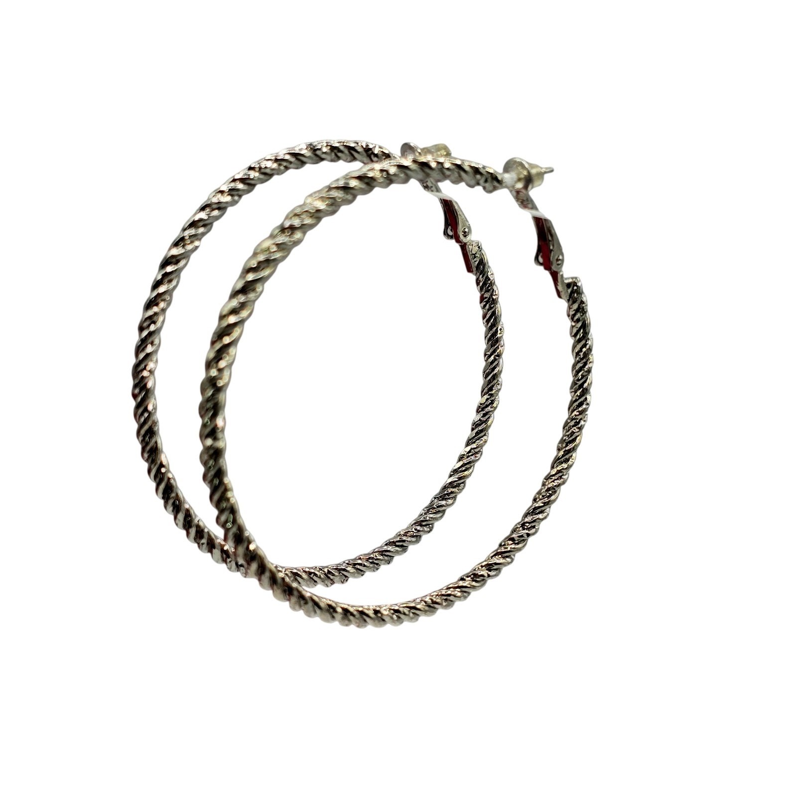 Hoop Earrings Statement Twisted Rope Round Hinged Silver Tone SKU 2931