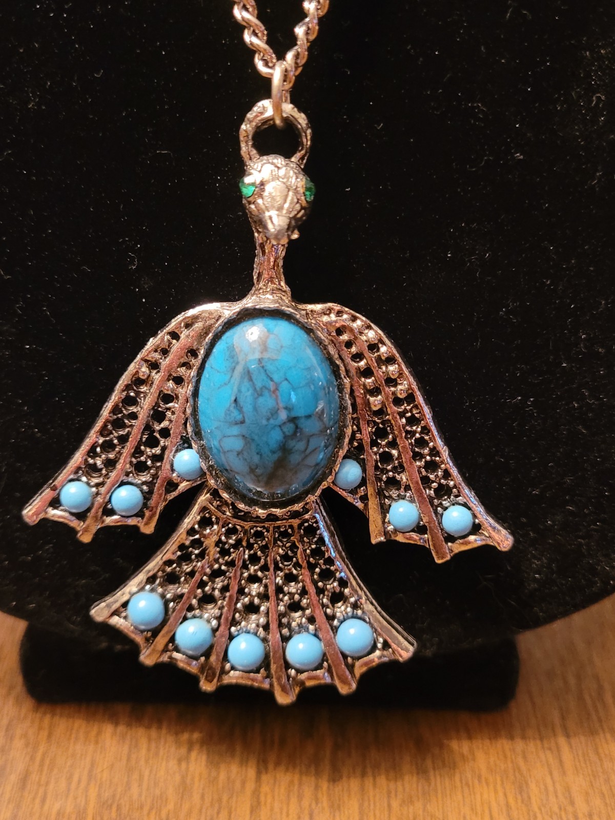 Vintage Egyptian Revival Horus Falcon Pendant Necklace Turquoise Look Cabochon