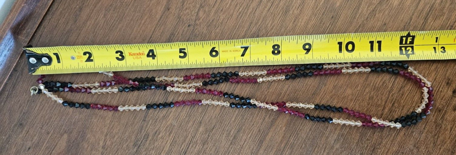 Vintage Glass Crystal Necklace Red, Clear & Black beads boho to formal 52″ VTG