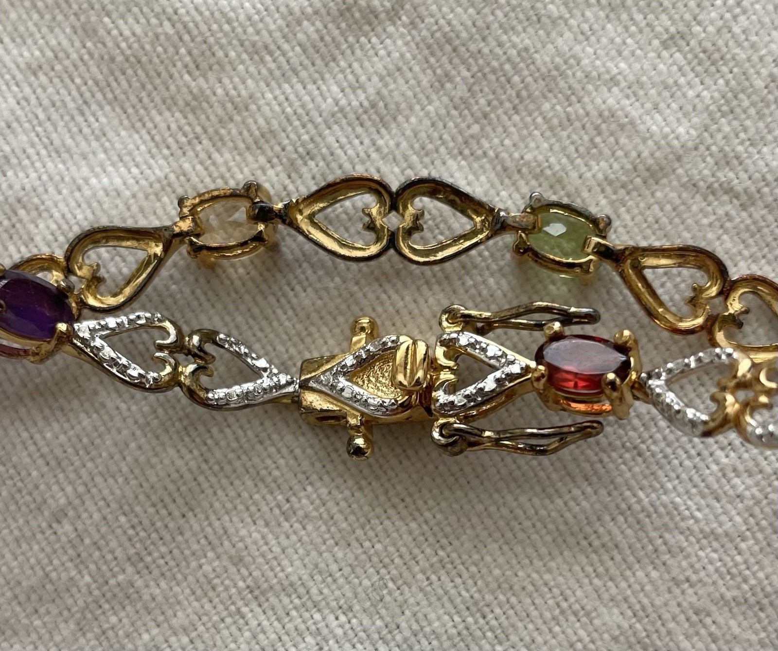 China 925 Sterling Silver Multicolor Gemstone Heart Link Bracelet 7.5” Two Tone