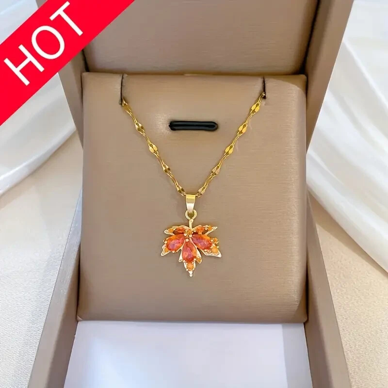 Stunning Red Maple Leaf Pendant Necklace – Elegant Simple Delicate Jewelry