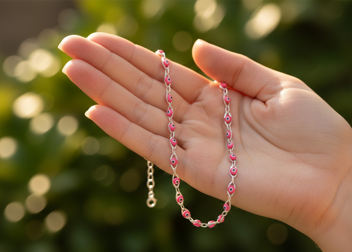 Dainty Silver Chain Anklet Colorful Pink Enamel Evil Eye Charm Design for Women
