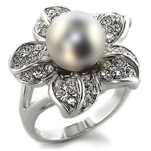 Women’s Flower Cocktail Ring, Gray Pearl, Rhodium Plated, Brass, Statement