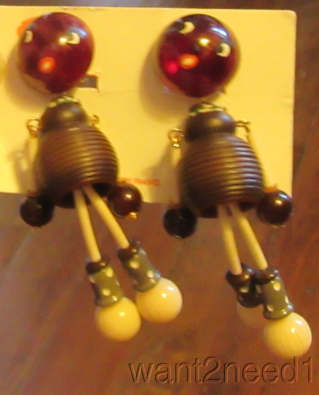 vintage French Celluloid Plastic Beaded Brown Girl Dangly Clip Paris Earrings 3″