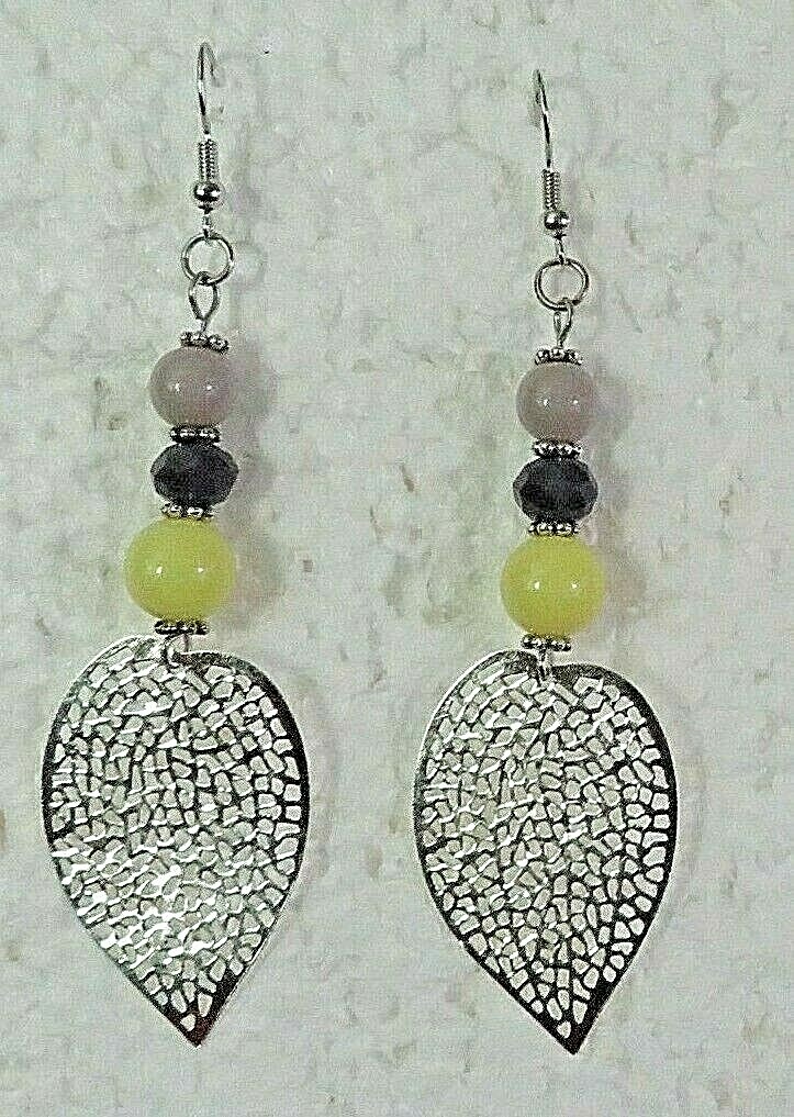 Yellow Black Gray Beaded Drop with Silver Leaf Filigree 2.75″ Dangle Hook