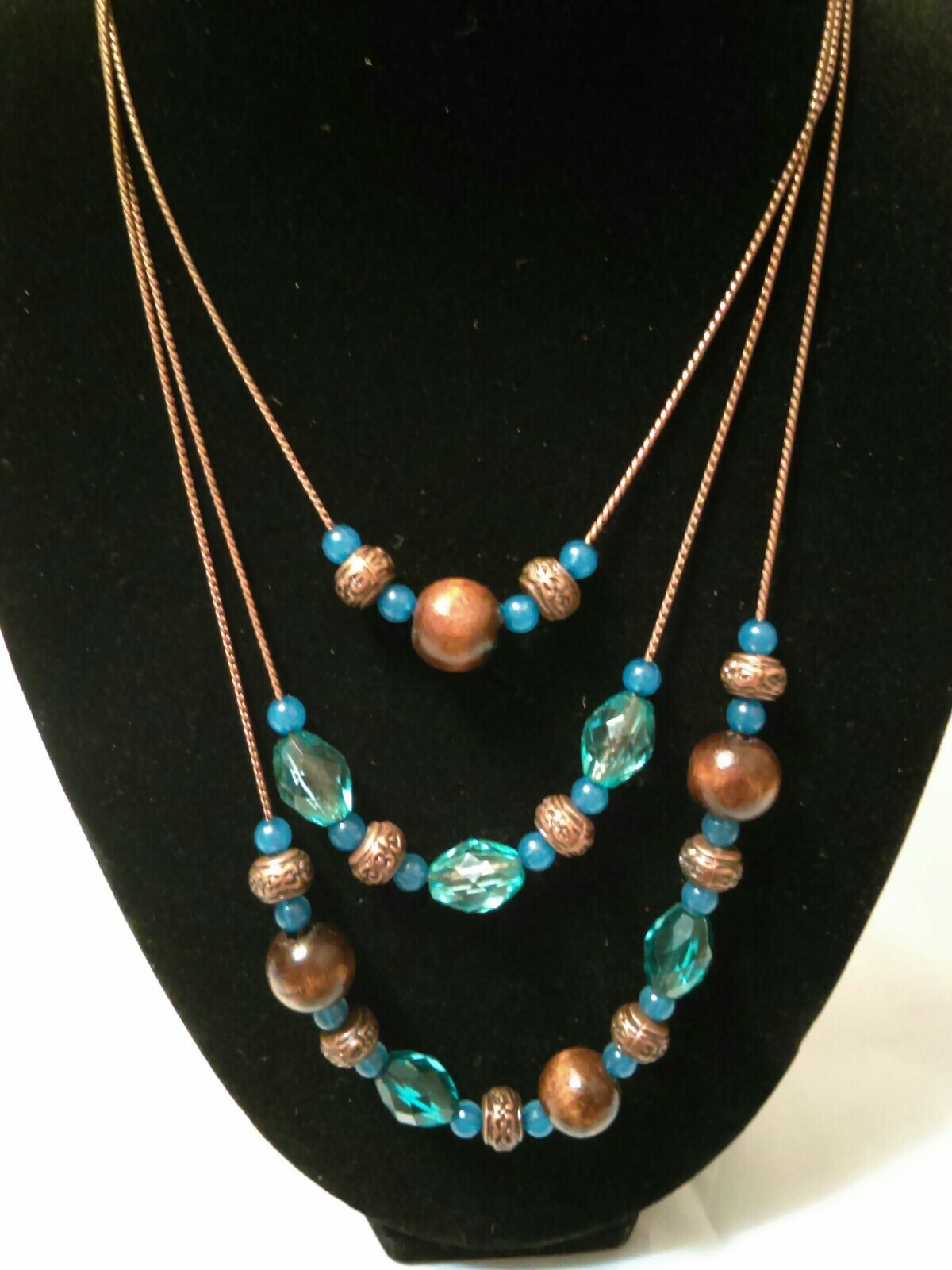 3 strand Drop Mixed Elements Beads Blue and Brown Cool Colors 20″ Necklace. wj2