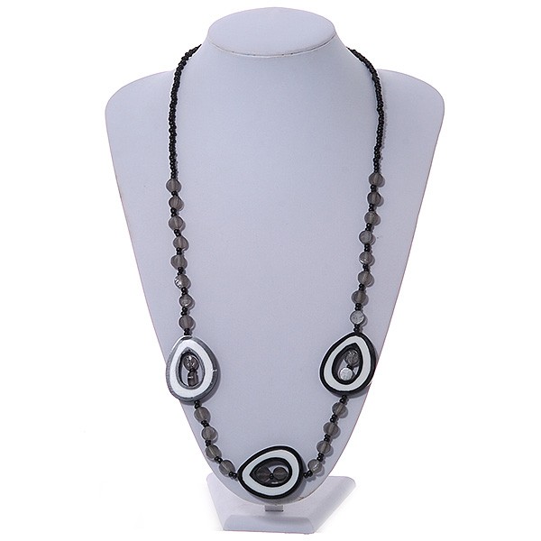 Gray/ White/ Black Resin and Glass Bead Long Necklace – 80cm L