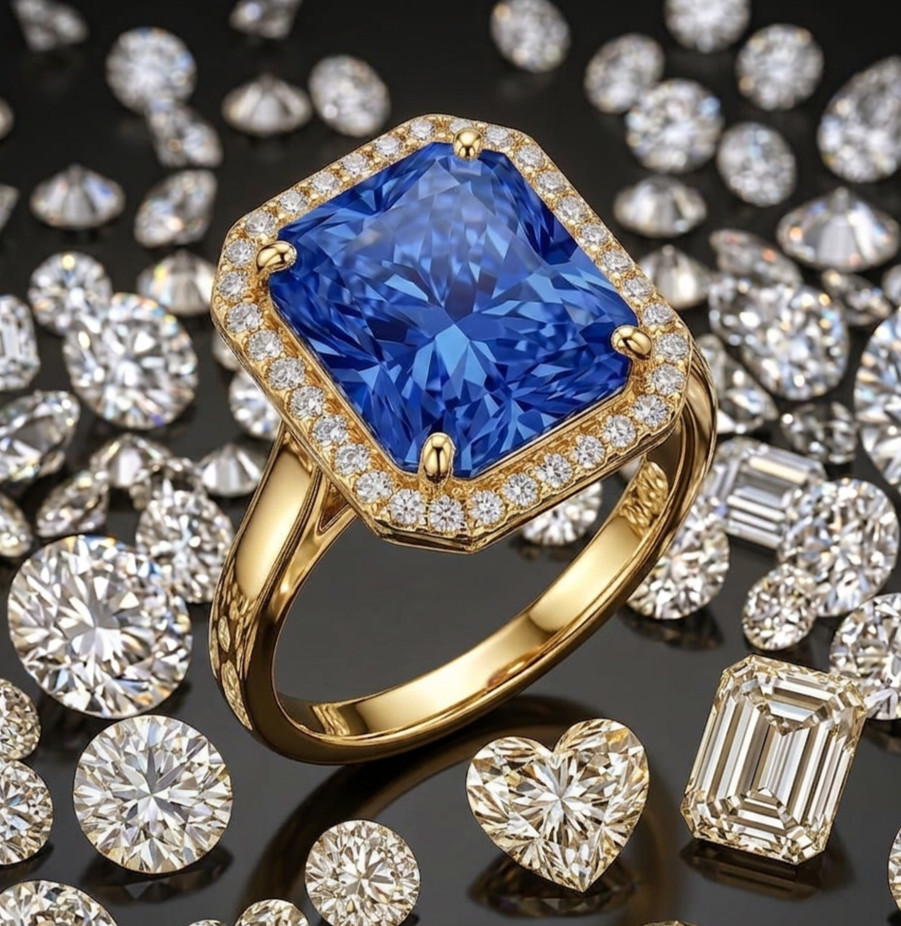 8.00 Ct Certified Radiant Cut Blue Natural Diamond Ring VVS1 Yellow Gold Finish