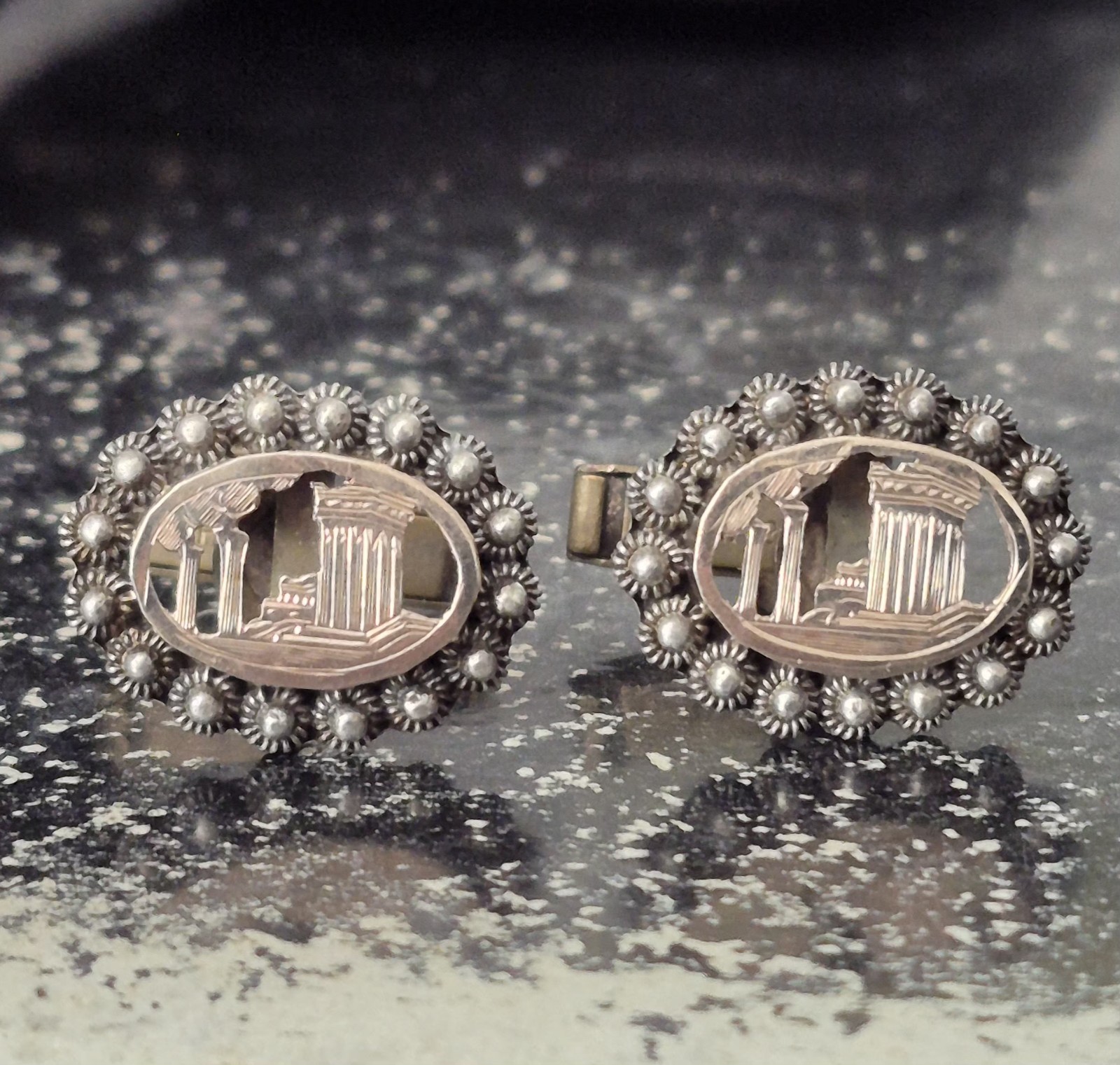 Vintage 1000 Silver Cufflinks Classical Temple Ruins Engraved Cannetille Filigre