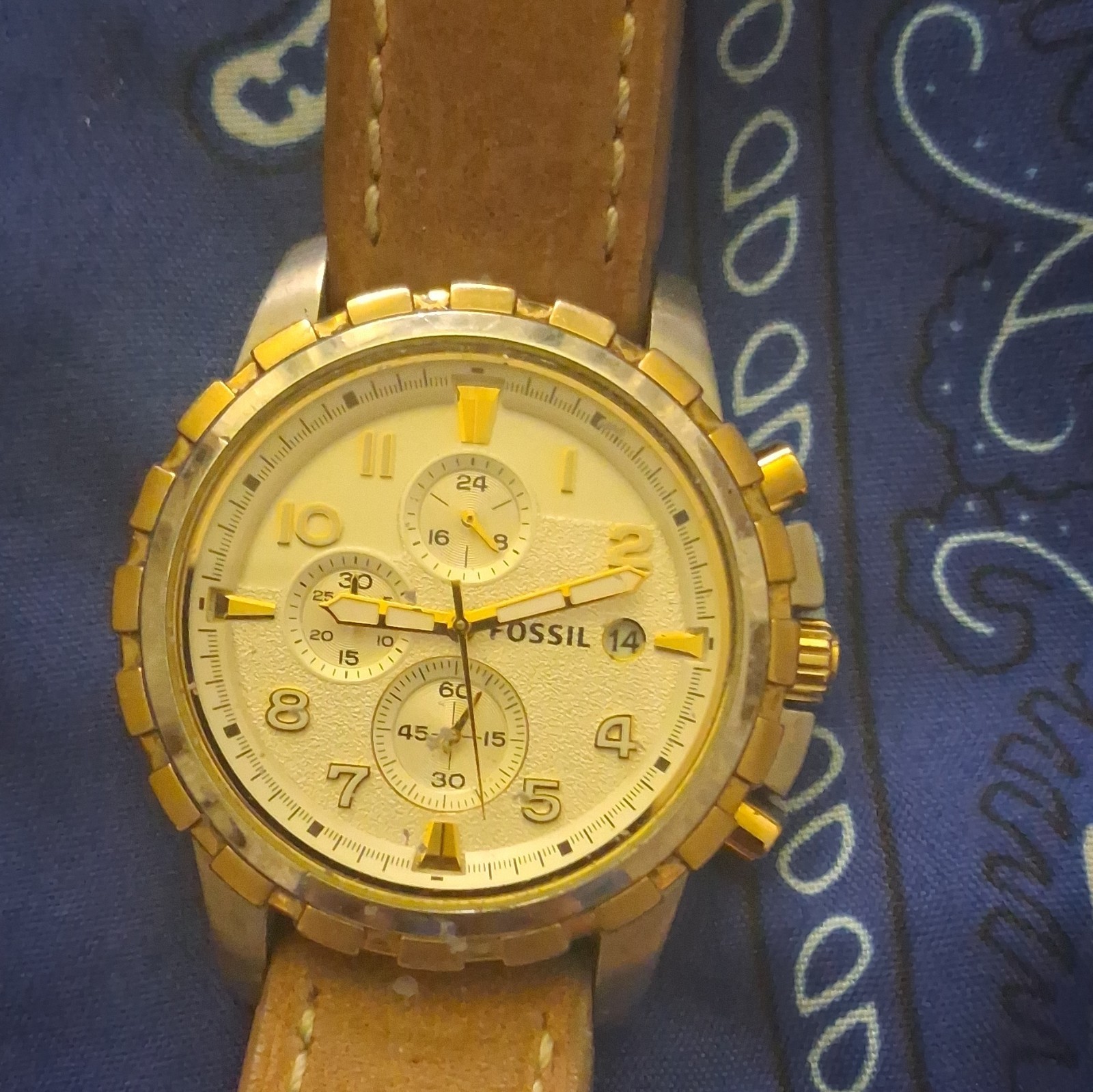 Fossil FS488 Chronograph Date White Dial Brown Leather Strap 50m Quartz