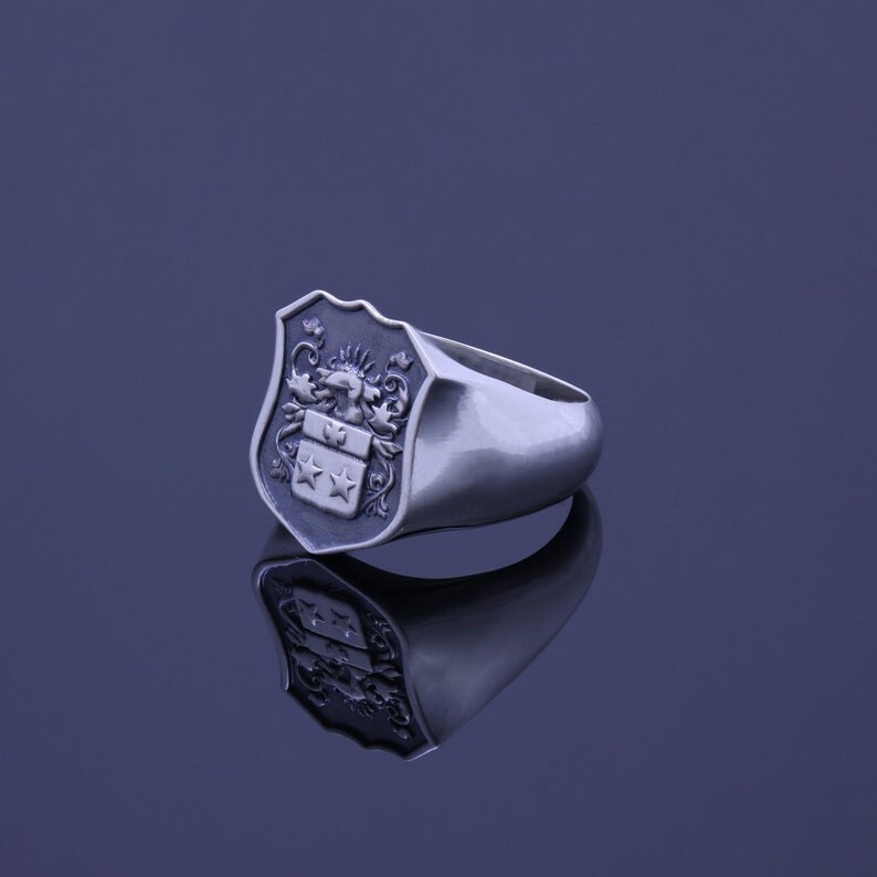 Men’s Silver Shield Signet Ring – Custom Coat of Arms Family Crest Jewelry