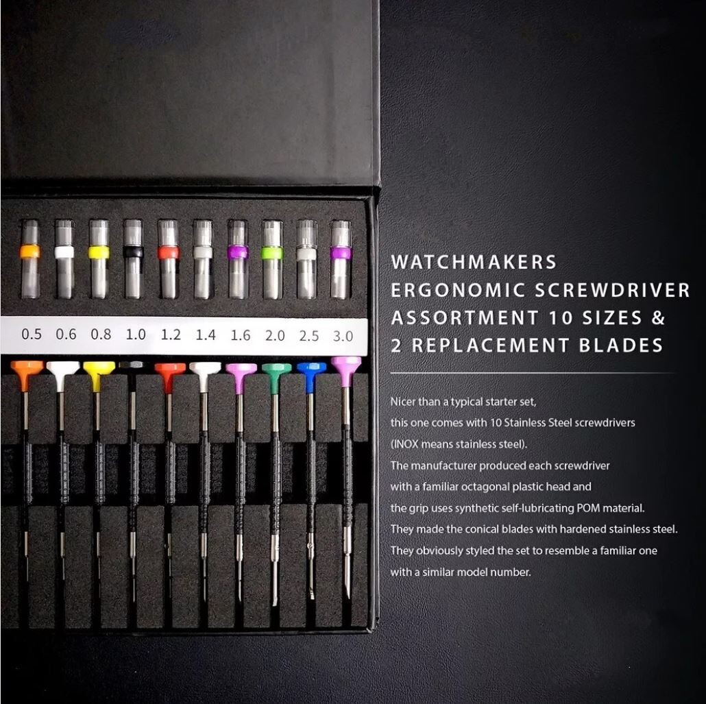 Watchmakers Ergonomic Screwdriver Assortment 10 Sizes with 2 Extra Blades Each