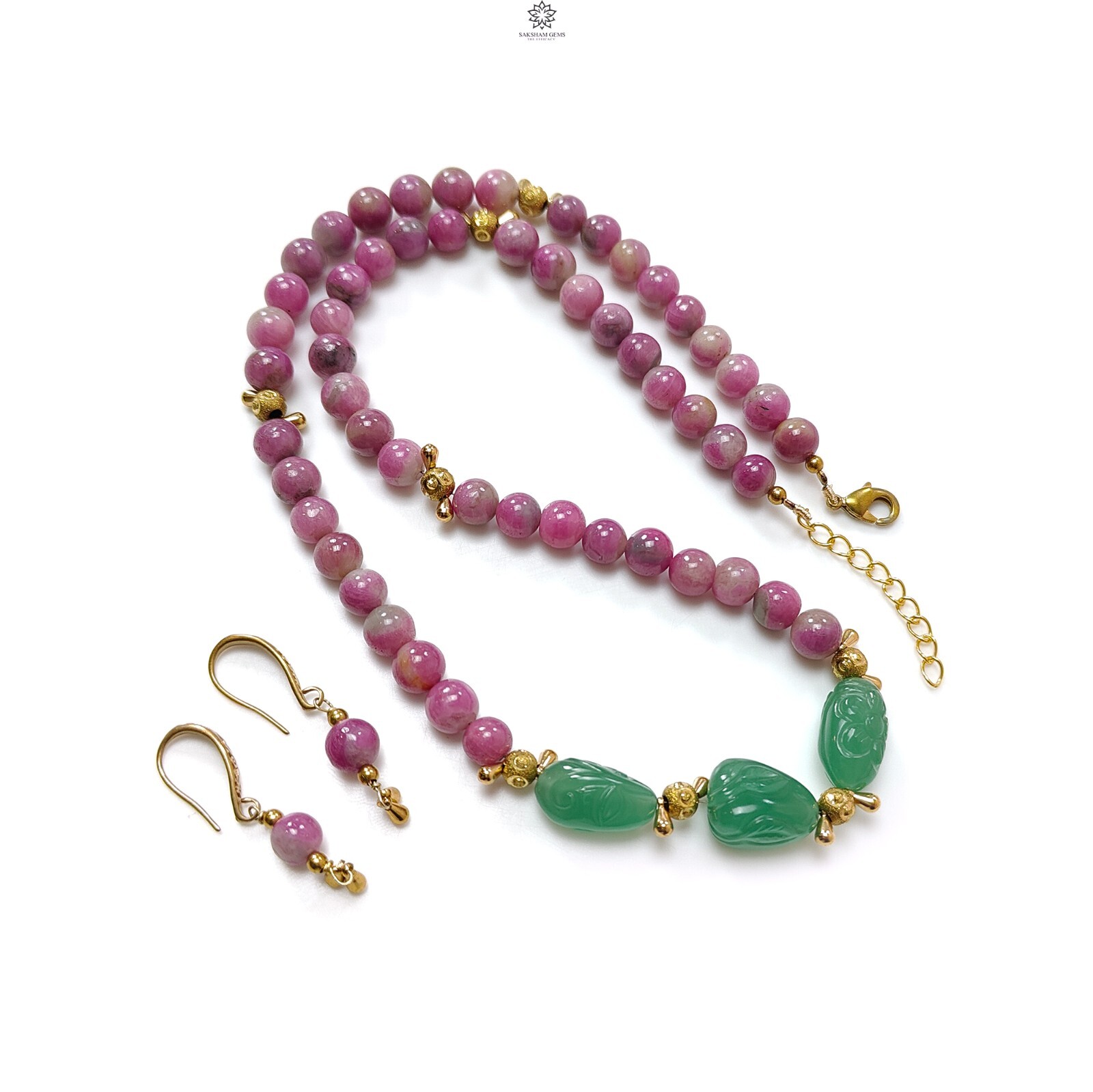 288.00cts Ruby Zoisite, Jade Round Plain Brass Necklace Earring Jewelry Set 19″