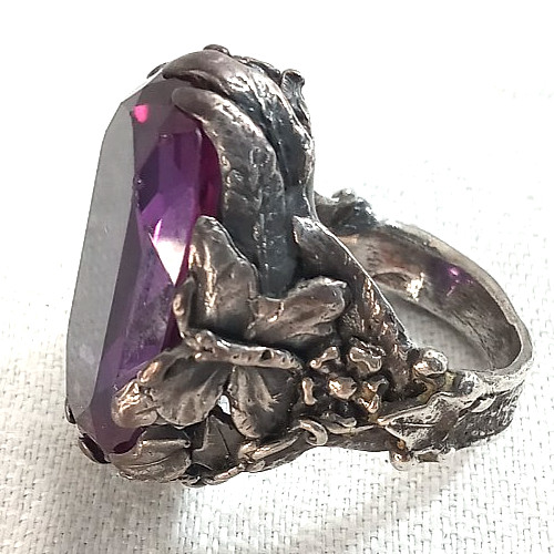 Vintage Cocktail Ring LOST WAX CAST Ornate Silver Faux Amethyst 10 FAIRYCORE
