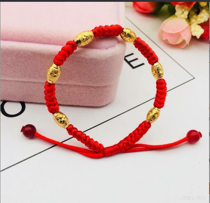 transport Hand Braided Olive Beaded Red String 23K 24K THAI BAHT YELLOW GOLD GP