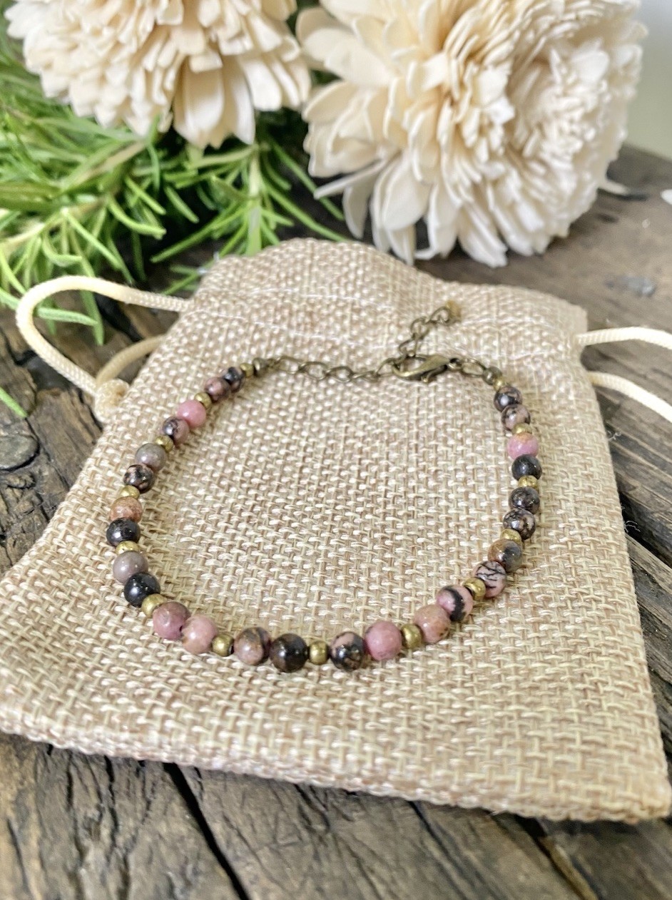Tiny Gemstone Beaded Bracelet Pink Rhodonite, Bronze Chain