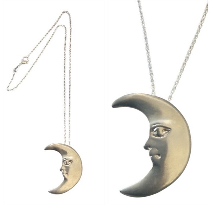 Vintage Crescent Moon w Face Pendant Necklace, Dainty Silver Rolo Chain, 19”