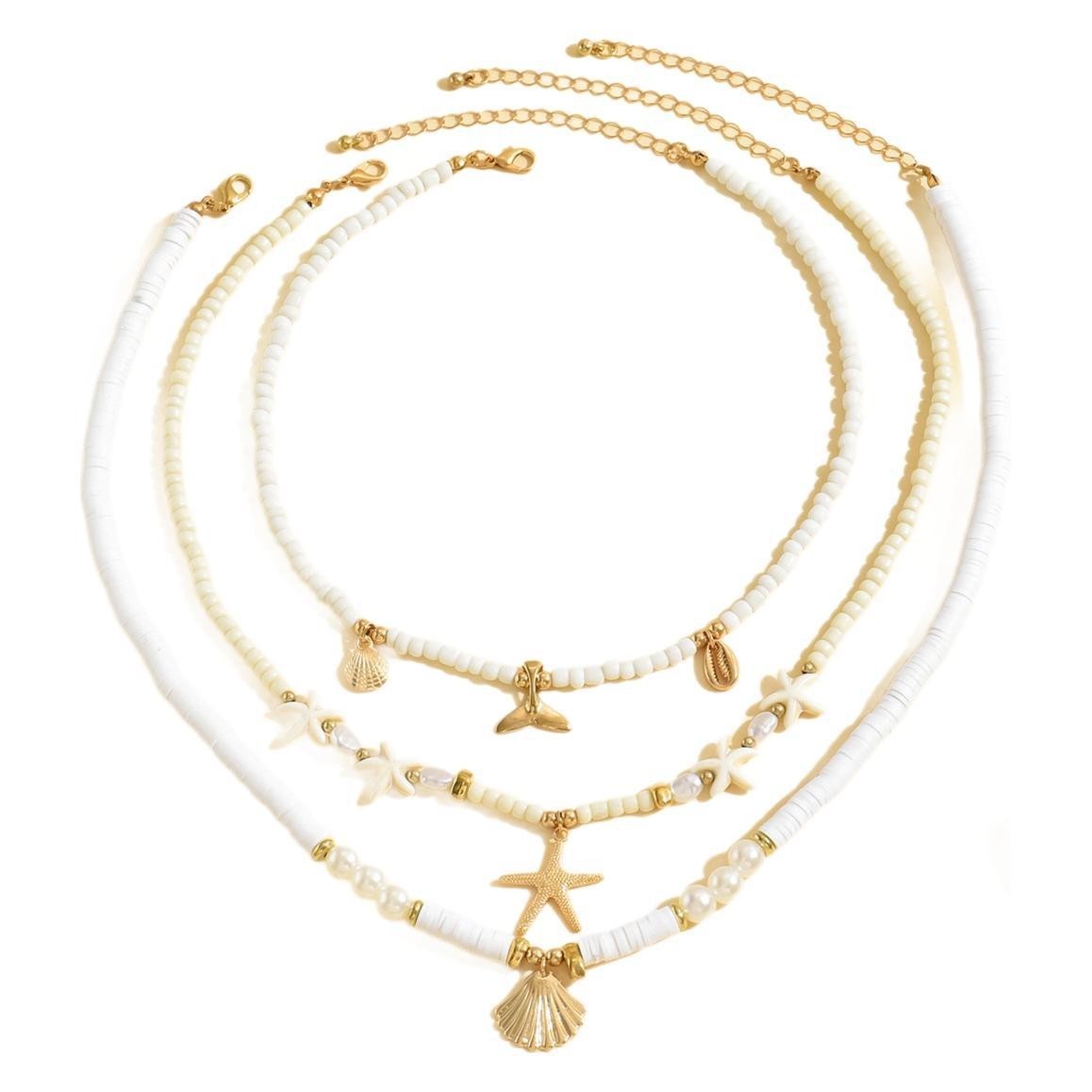 Women’s Vintage Soft Ceramic Beaded Ocean-Themed Pendant Stackable Necklace
