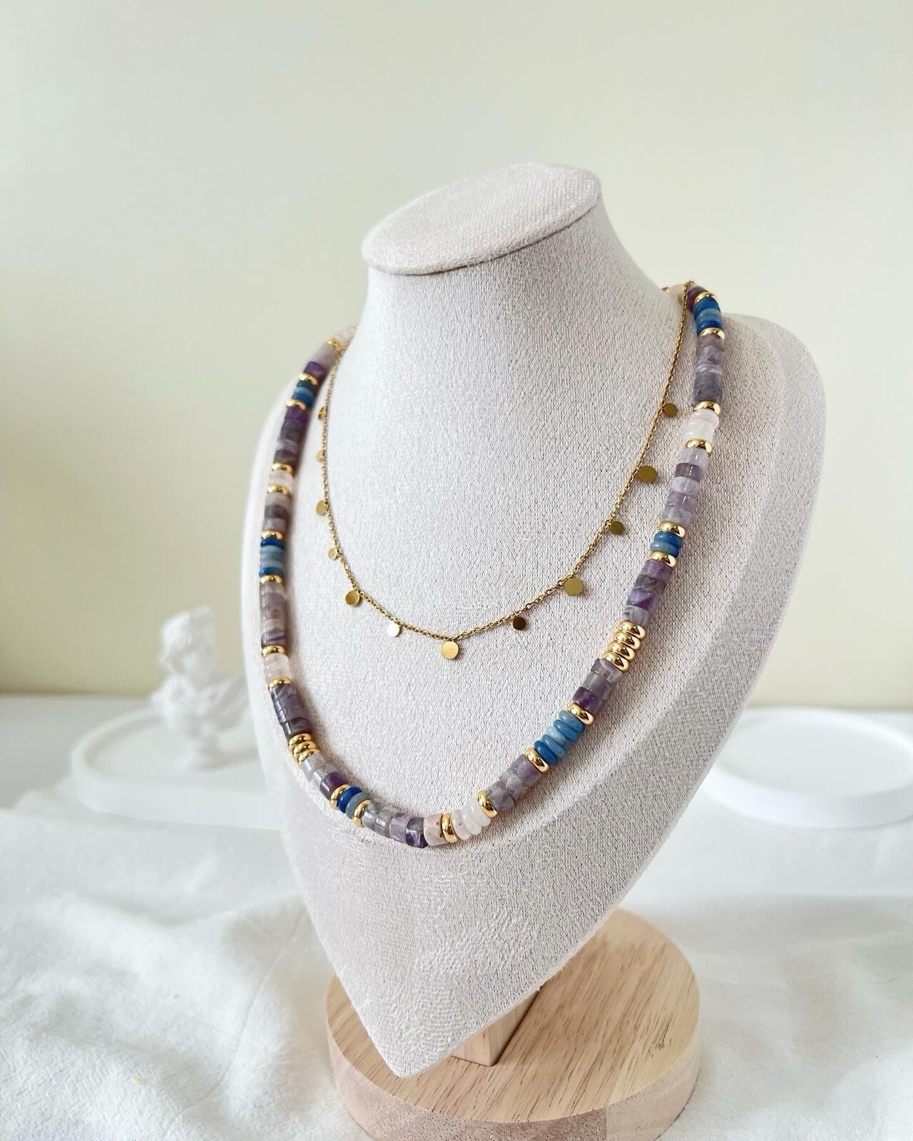 Layered Jade Necklace Set, Purple/Blue/White Beads, 18K Gold Plated, Handmade