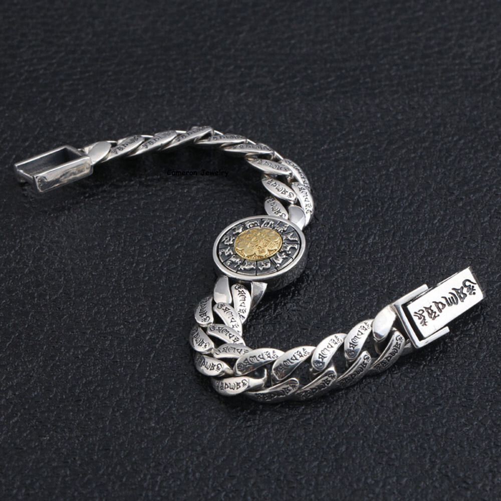 Pure S925 Sterling Silver Chain Round Six Wirds Curb Link Bracelet 7.1-8.7inch