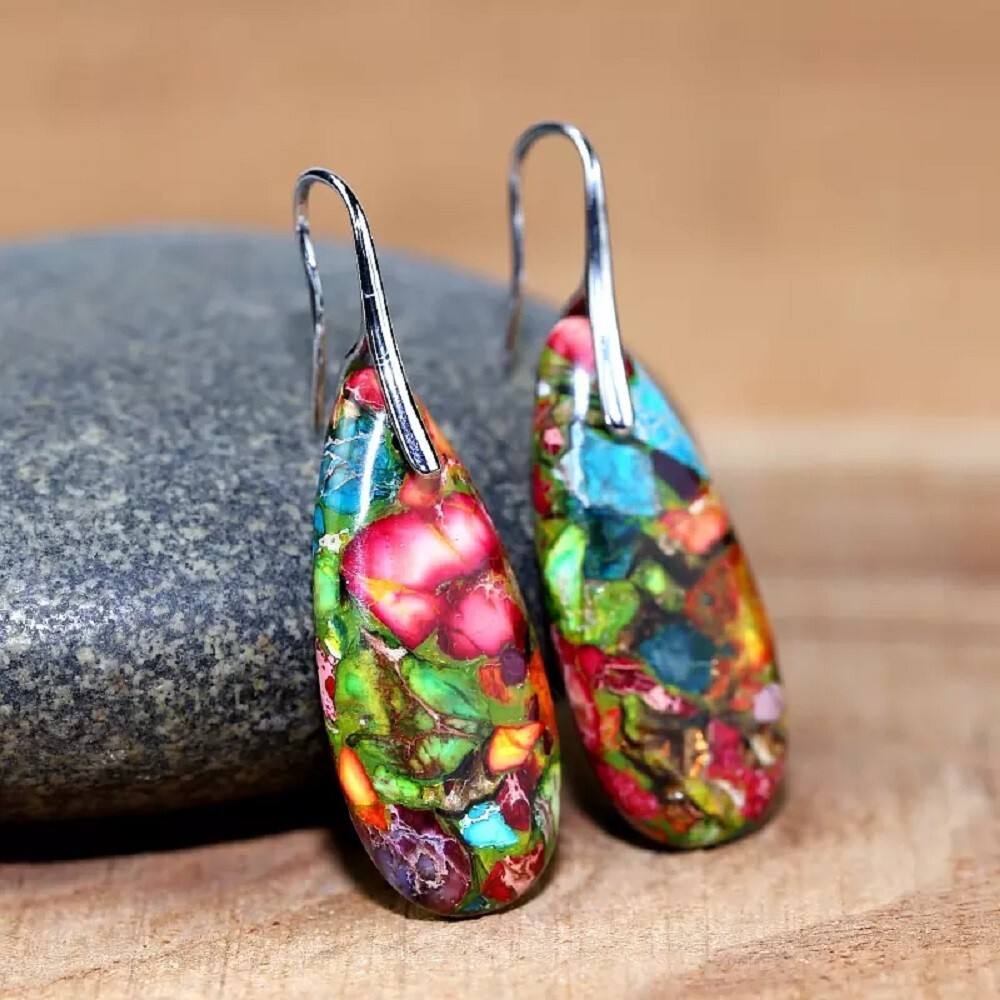 Natural Tropic Sea Sediment Jasper Stone Teardrop Earrings for Inner Peace Heal