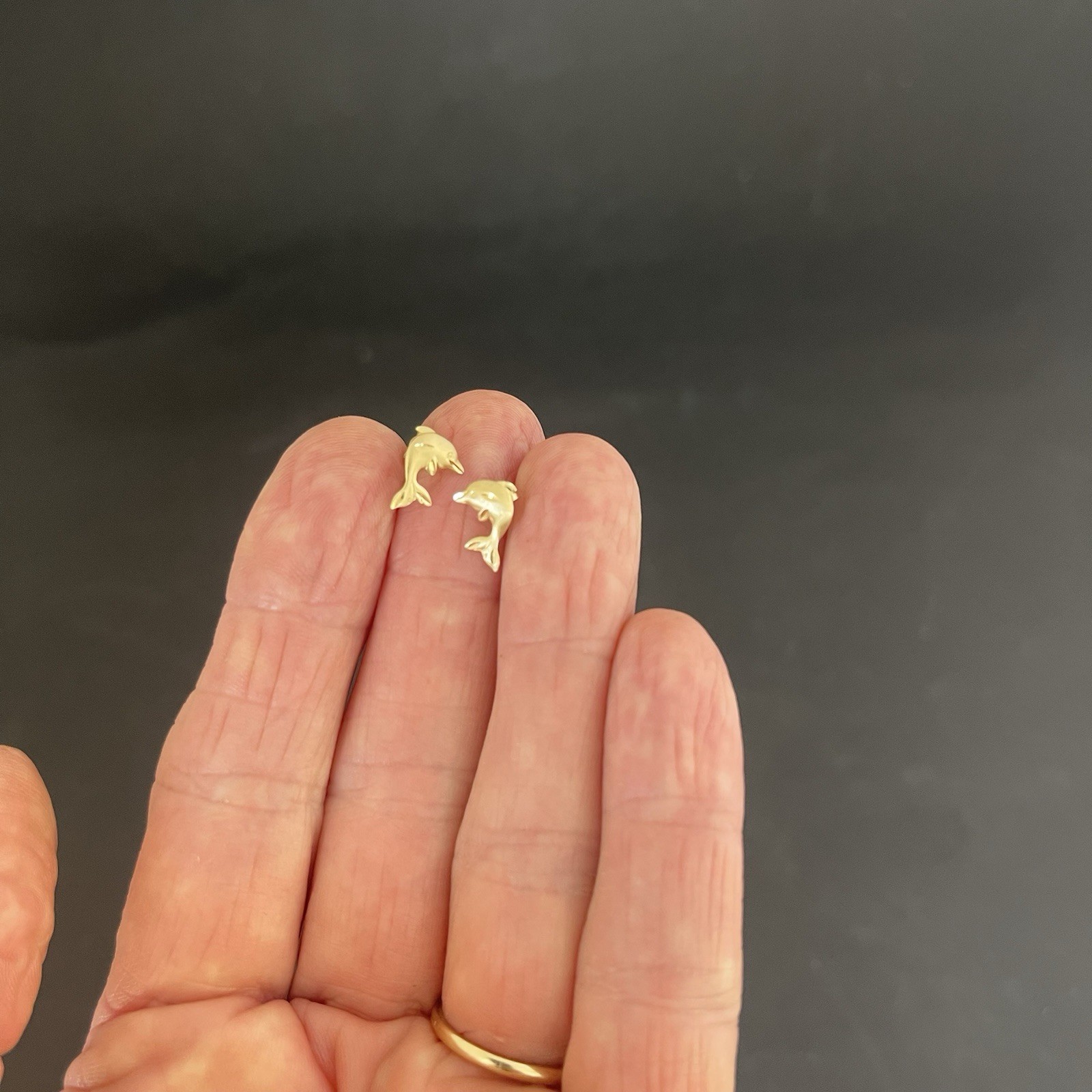 Small Solid 14k Yellow Gold Dolphin Diamond Cut Stud Earrings, .31 Grams
