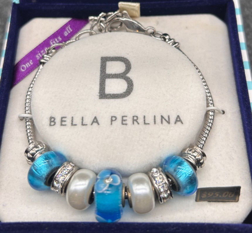 Bella Perlina Blue Glass Charm Bracelet Silver Tone White Pearls UNWORN NIB