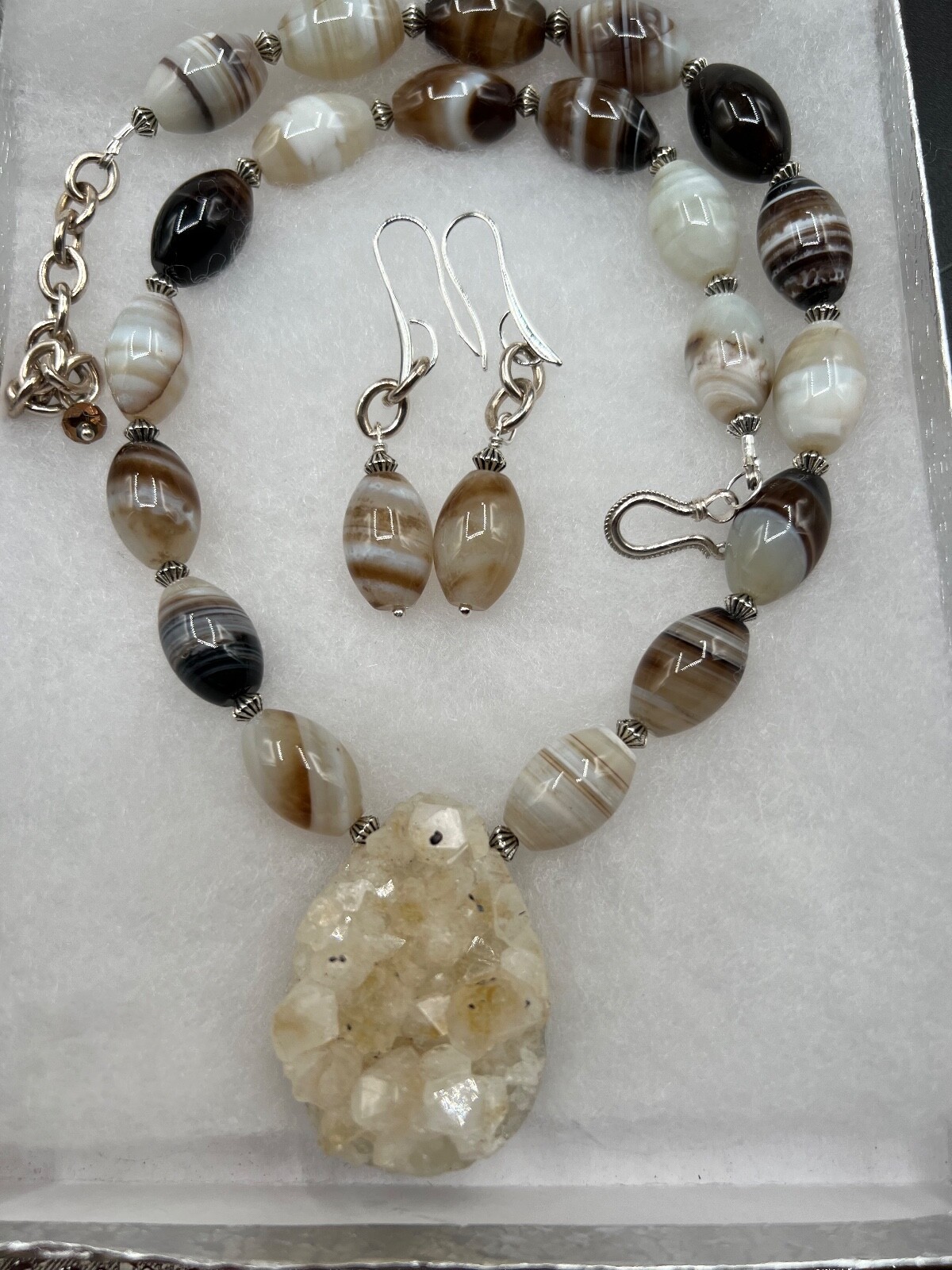 NATURAL DRUSY QUARTZ PENDANT WITH BOSTWANA AGATE BEAD NECKLACE EARRING SET