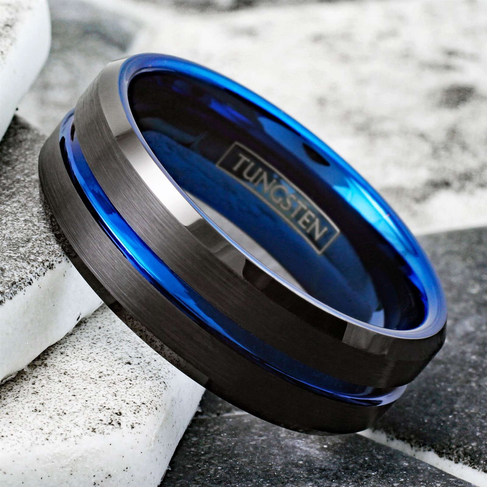 6/8mm Tungsten Carbide Men’s Ring Thin Blue Line Black Brushed Wedding Band