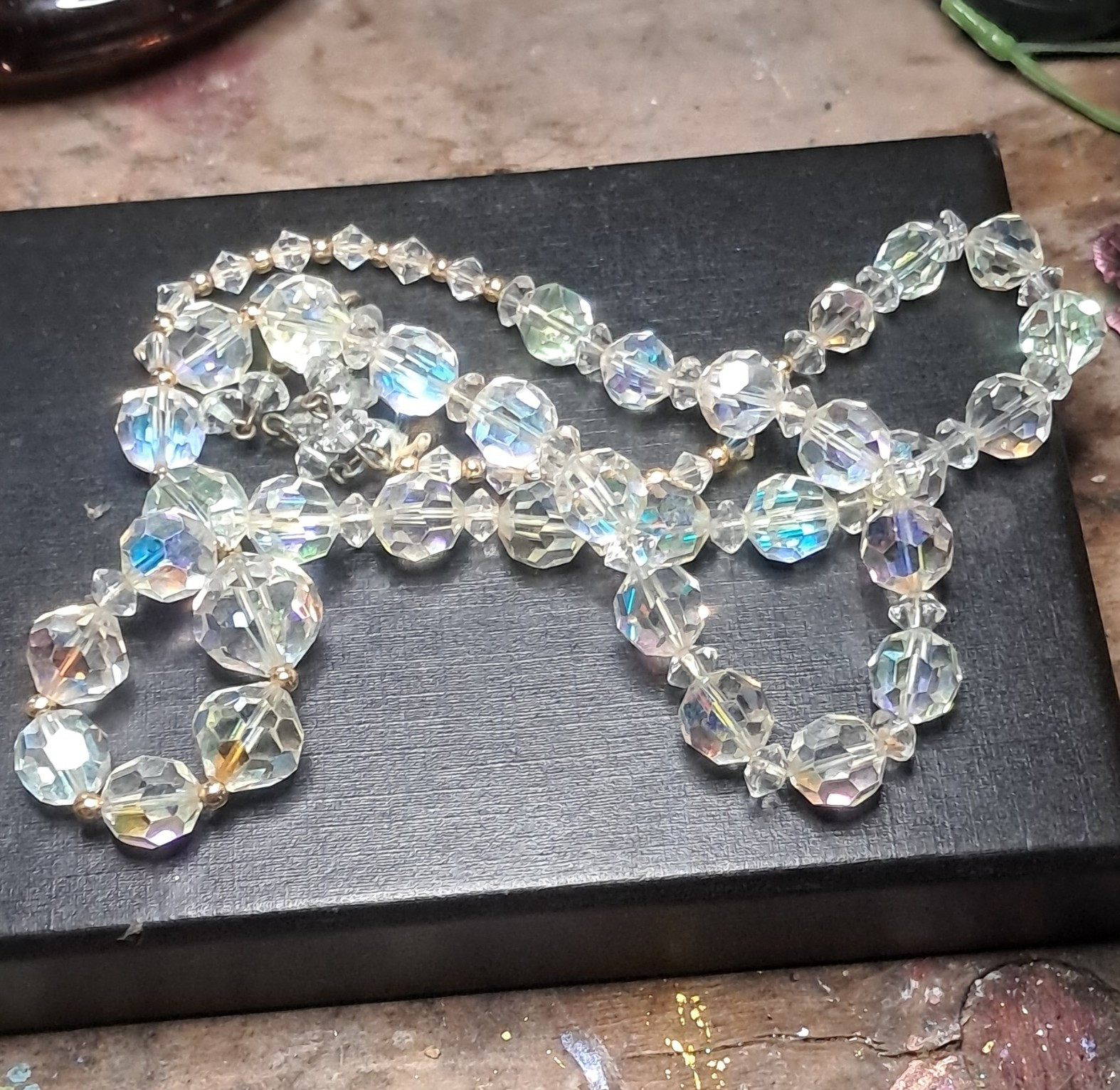 Vintage 1950’s Aurora Borealis AB Crystal Single Strand 12″ Necklace