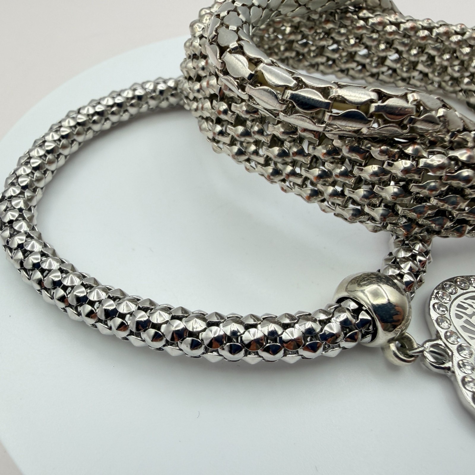 Vintage Y2K Silver Tone Tree of Life Heart Charm Mesh Bracelet Women’s Jewelry