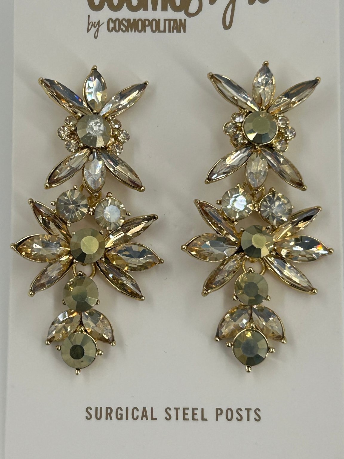 CosmoStyle Floral Drop Earrings 2.25in Gold Tone Clear Crystals