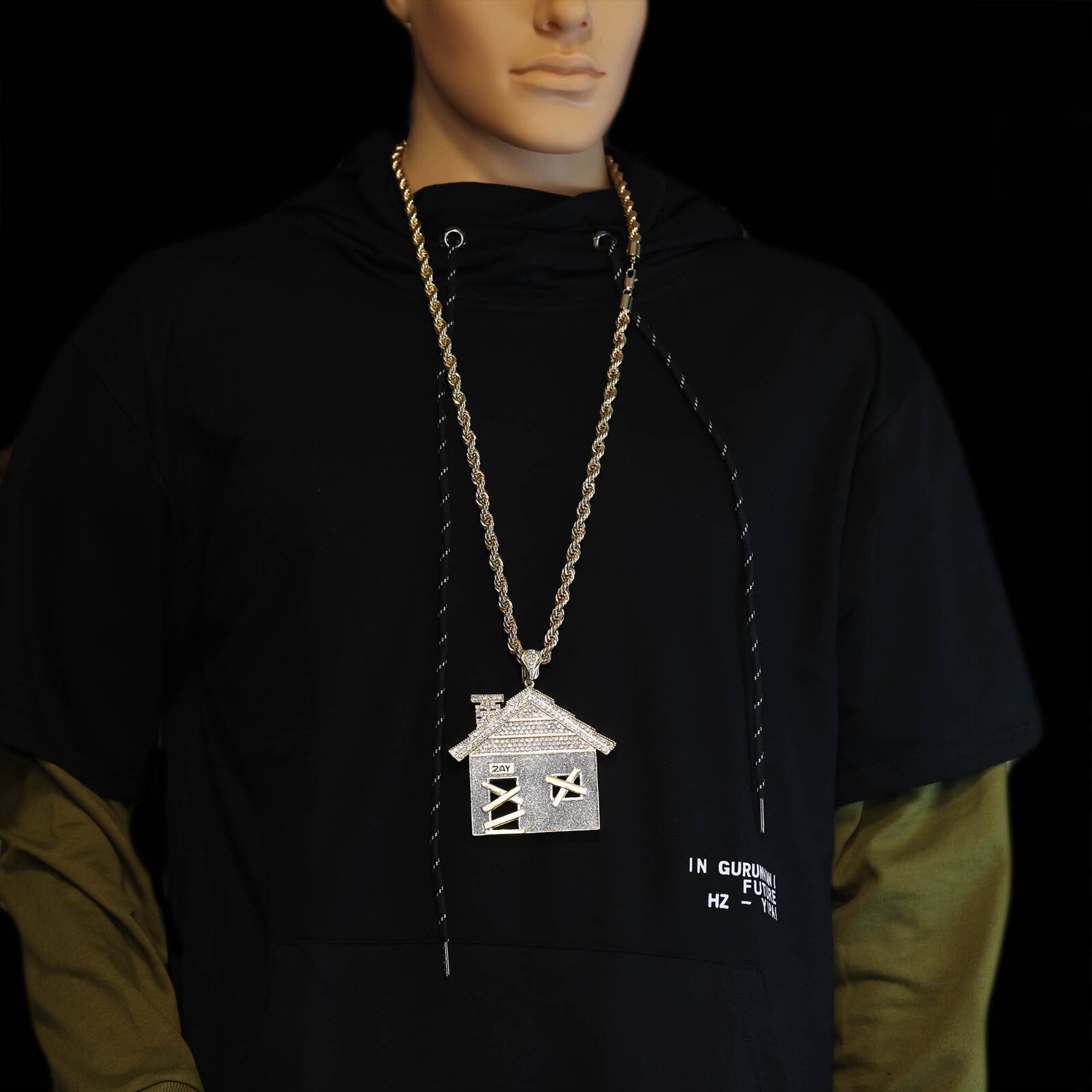 Cubic-Zirconia House Trap Pendant stardust 36″ Rope Chain Jumbo Gold Plated