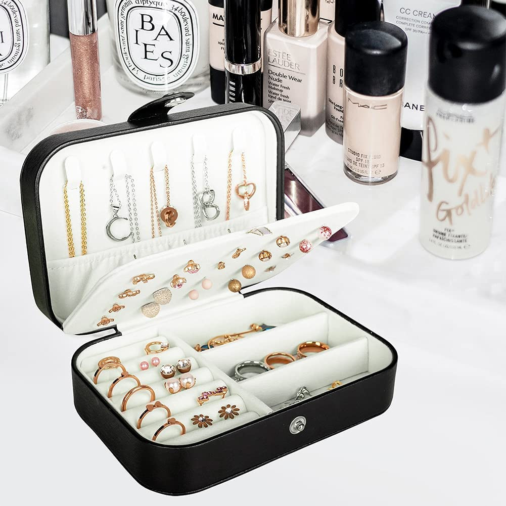 Travel Jewelry Box, PU Leather Small Jewelry Organizer for Women Girls, Double L
