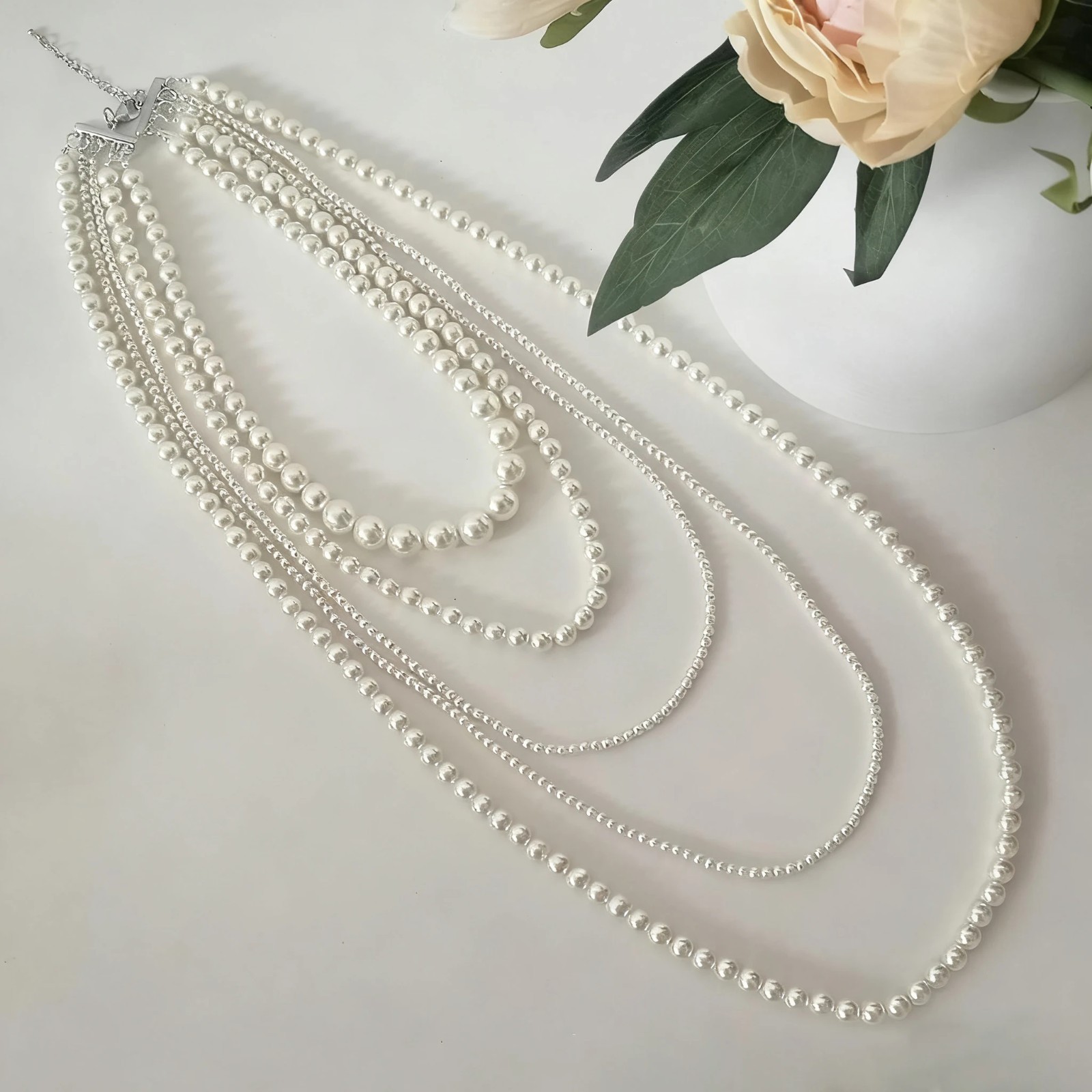 Multi Layer White Faux Pearl Statement Necklace Long Beaded Strand Wedding