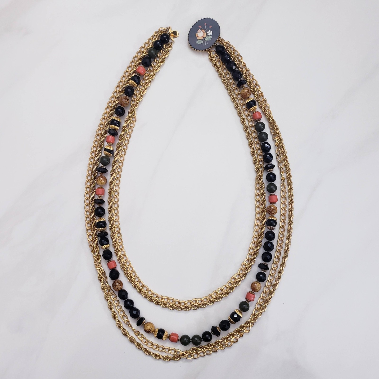 Vintage Pietra Dura Flower Mosaic Pendant Glass Bead Gold Tone Chain Necklace
