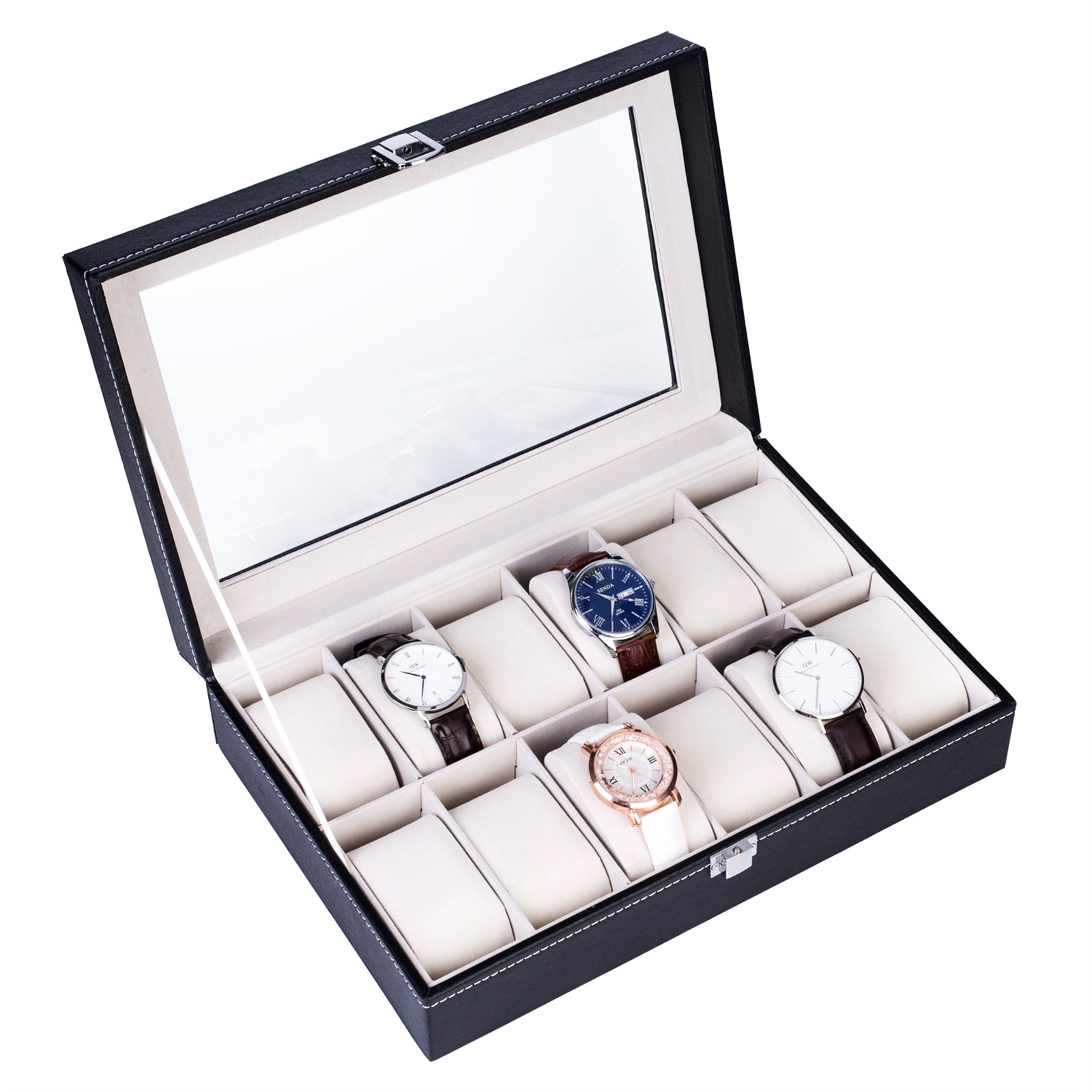 12 Slot Leather Watch Box Organizer Case Display Storage Holder Collector Black