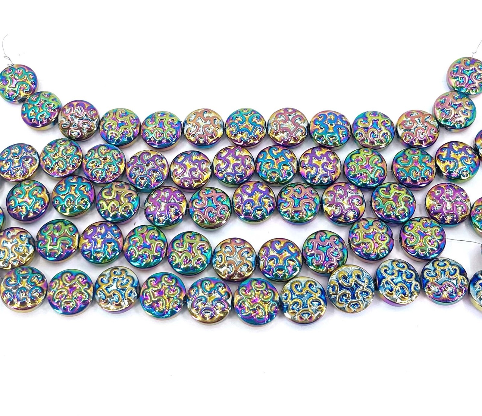13mm Rainbow Peacock Glass AB Plated Carved pattern Disc Beads Metallic (13pc)