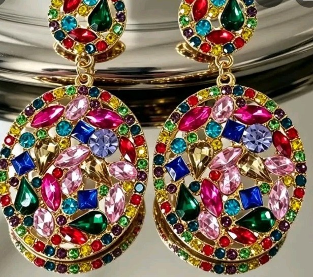 Round Cluster Earrings, Multicolor Faux Stones Of Crystals, Rinestones Gems